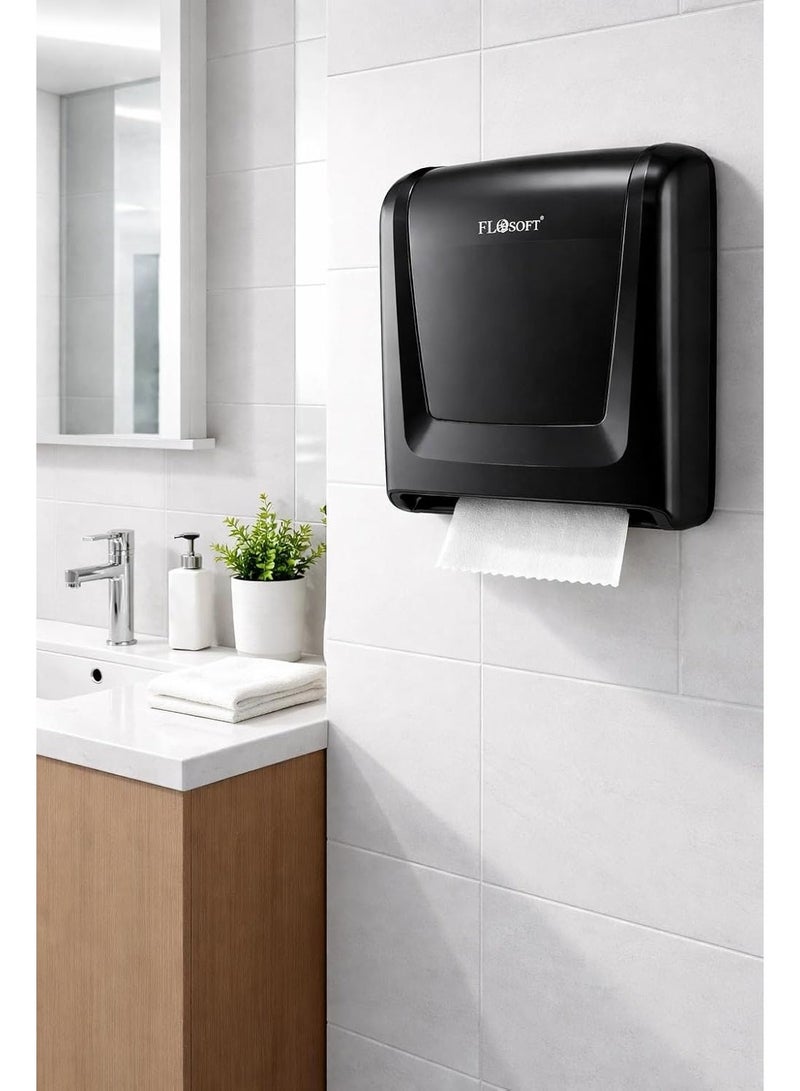 فلوسوفت موزع مناديل ورقية جداري بنظام طي Z مع قفل بمفتاح، حامل مناديل يدوي مصنوع من بلاستيك ABS، سعة 300 ورقة للاستخدام في الحمام والمطبخ والمكتب، لون أسود، 22 × 19 سم - Image 3